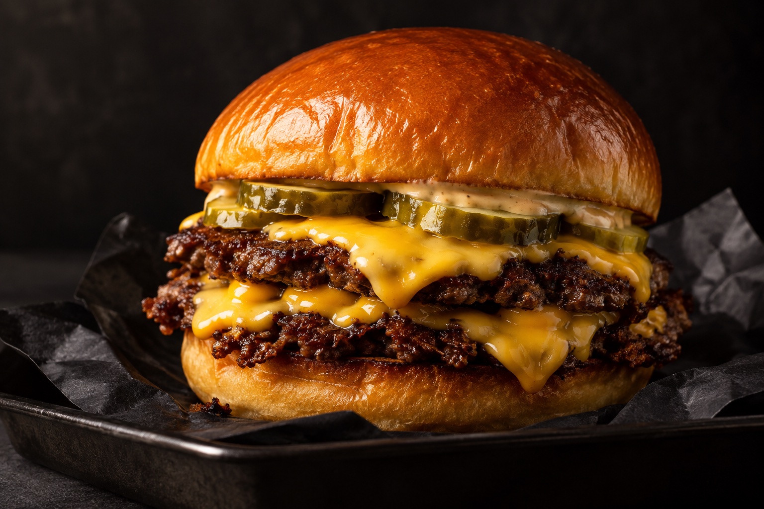 Double smash burger with melted cheese, pickles and a toasted bun